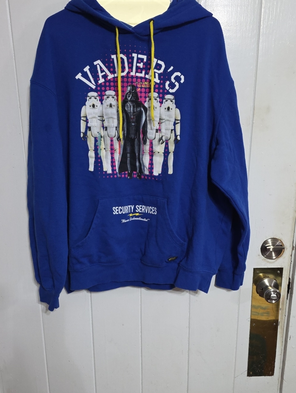 Star Wars Mens Vader's Security Services Hoodie Royal Blue Drawstrings Sz XL EUC